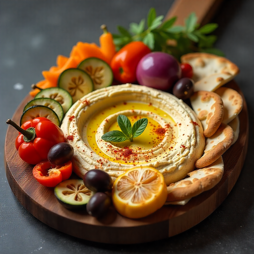 Hummus Mediterranean Grill Platter with Grilled Veggies and Pita